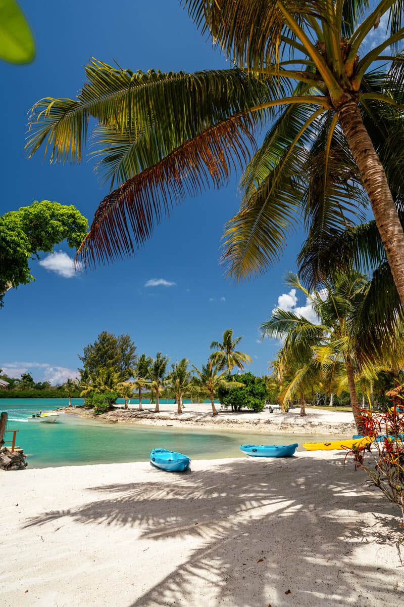 Beach with kayaks and palm trees at E'Nauwi